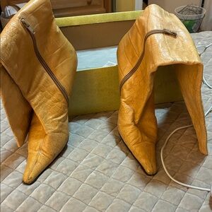 Gold Textured Pointed Toe Boots